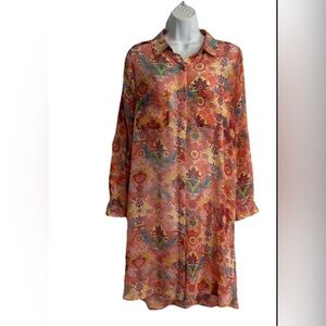 JESSICA LONDON Women’s 16W Long Tunic Colorful SHEER‎ Roll Tab  Button Topper